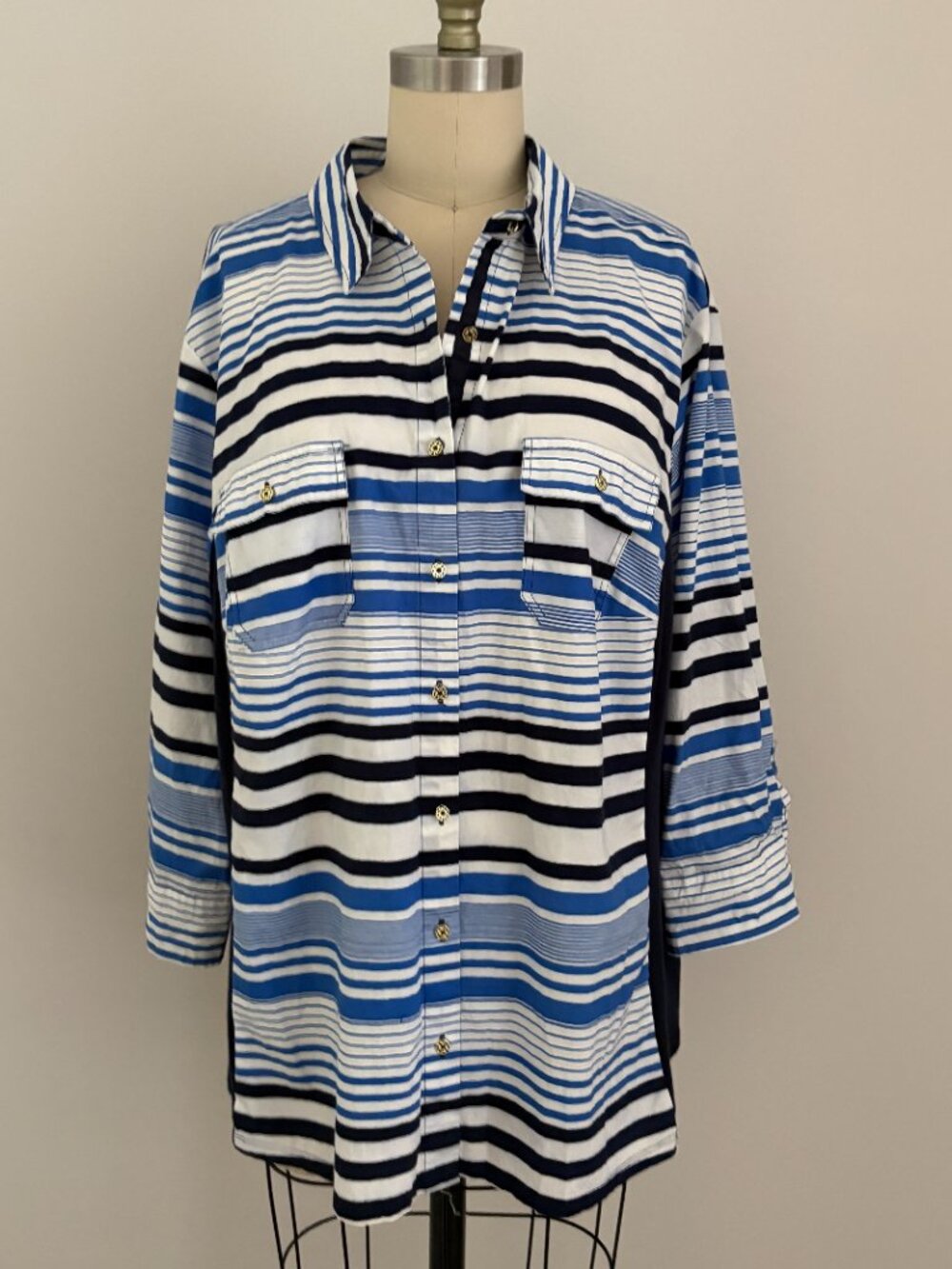 Laura Scott Women's Striped Button-Down Tunic Shirt Blue Black White Nautical 3X